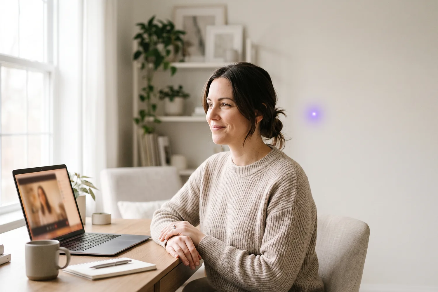 Une professionnelle sereine en visioconférence en anglais, chez elle.